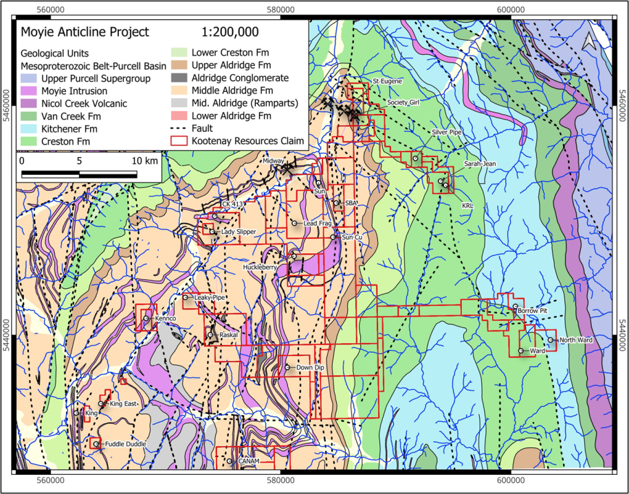 Project location plan showing mineral showings within the claim boundaries. White circles represent locations and local names of mineral showings on the property