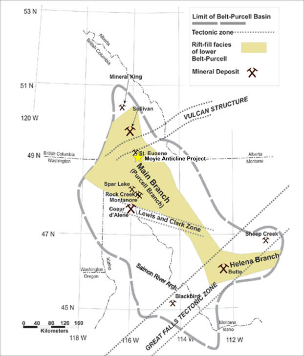Location Map showing extent of Belt Purcell and location of major mineral camps (reproduced from Kennedy and H&ouml;y &ndash; Geoscience BC Report 2016-19).