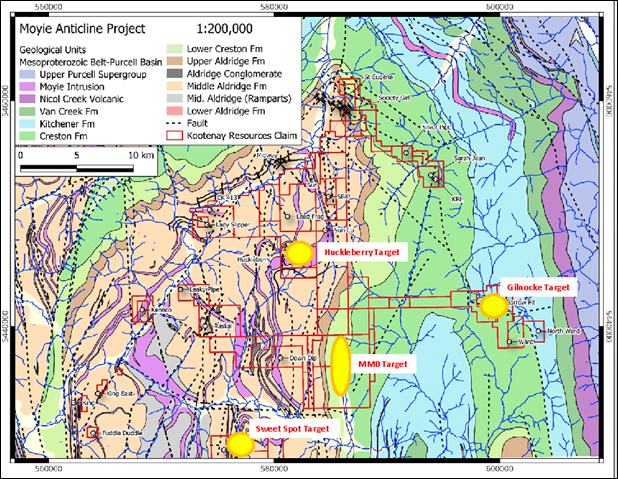 Location plan showing the Moyie project and follow up targets for 2024